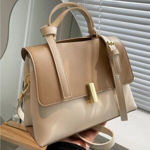 Cream Beige Two Tone Bag with Strap and Gold Clasp